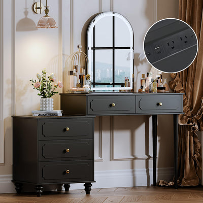 YYJ Vanity Desk with Mirror and Lights,Makeup Vanity with Power Outlet and Adjustable Cabinet,Modern Makeup Table with 3 Drawers for Bedroom Makeup Room,Writing Desk Dark