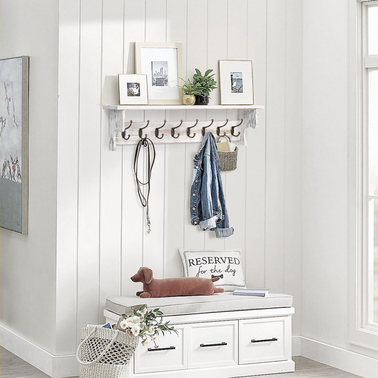 BECHAEO 35.8'' Wood Coat Rack Wall Mount with Shelf, White Wall Coat Rack with Hooks, Farmhouse Rustic Coat Hooks for Entryway Bathroom Hallway Kitchen Bedroom BECHAEO
