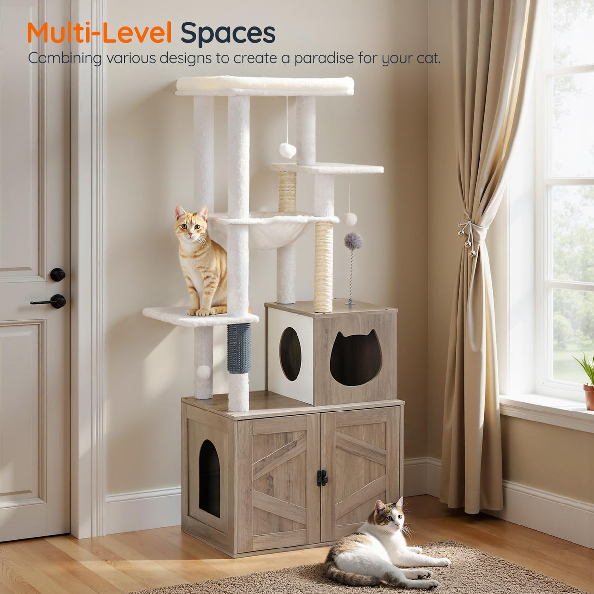 HOOBRO Cat Tree with Litter Box Enclosure, Tall Cat Tower for Indoor Cats, All-in-One Modern Cat Condo, Hidden Litter Box Enclosure Furniture, with Cat House, Sisal Posts, Greige and White BG51MZ03 HOOBRO