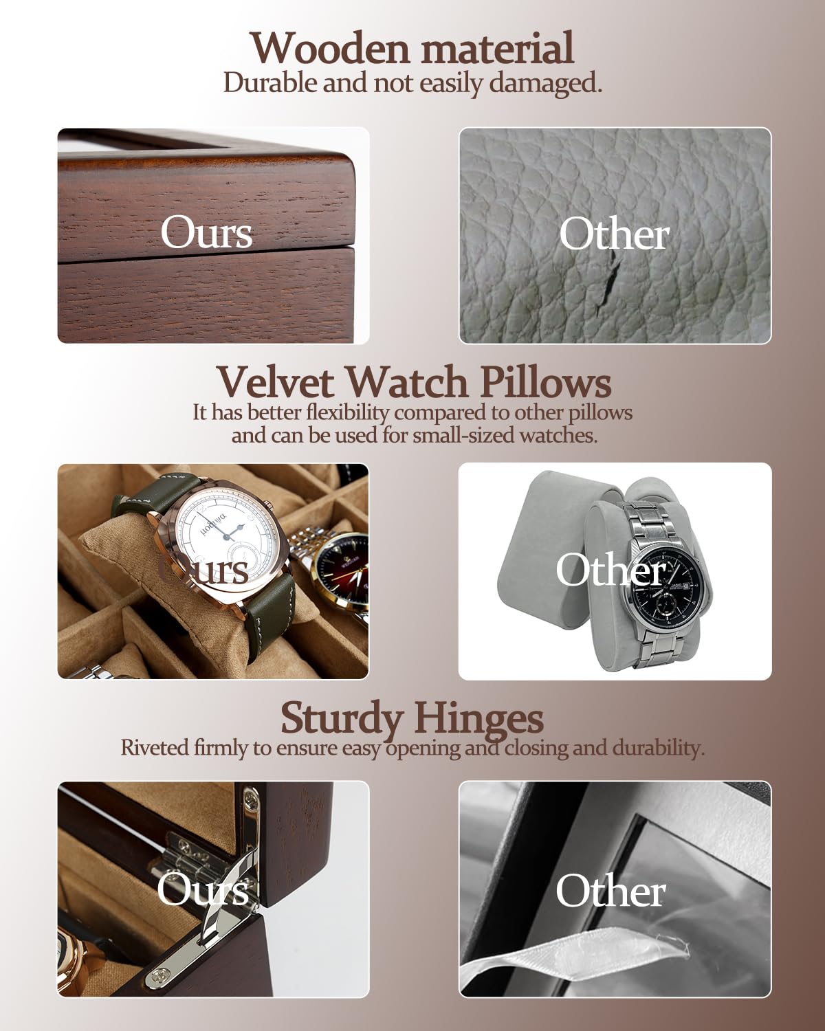 GUKA Watch Box, 10 Slot Watch Case with Real Glass Lid, Wood Watch Display Case with Cloth Watch Pillow, Watch Storage Box for Men and Women, Brown GUKA