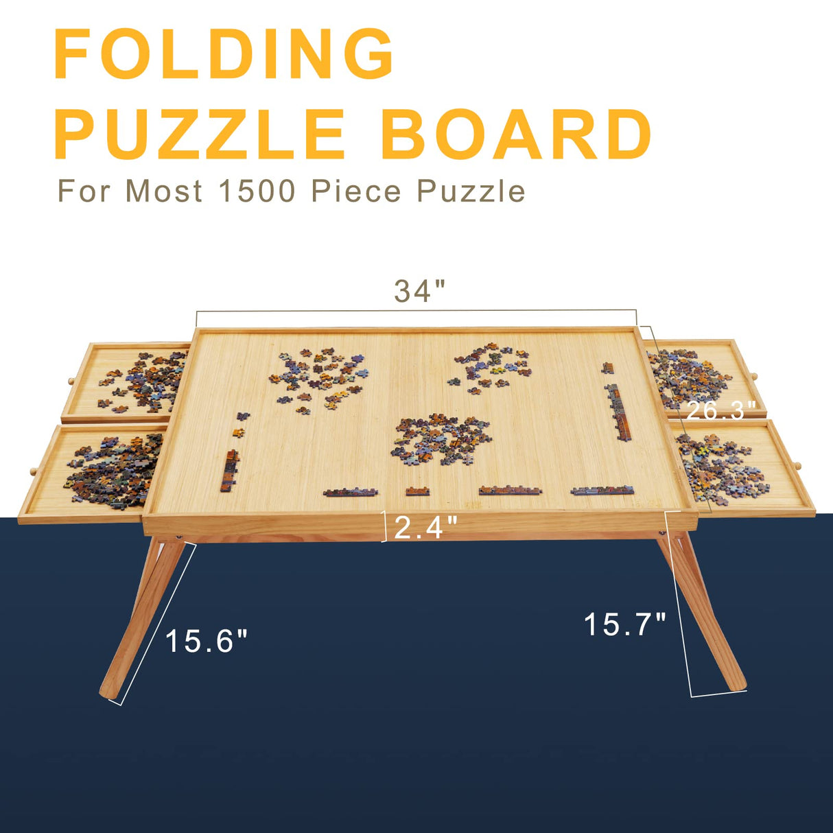 TEAKMAMA 1500 Piece Wooden Jigsaw Folding Puzzle Board, Puzzle Table with Legs and Protective Cover, 34” X 26.3” Jigsaw Puzzle Board with 4 Drawers & Cover, Portable Puzzle Tables for Adults - Natural TEAKMAMA