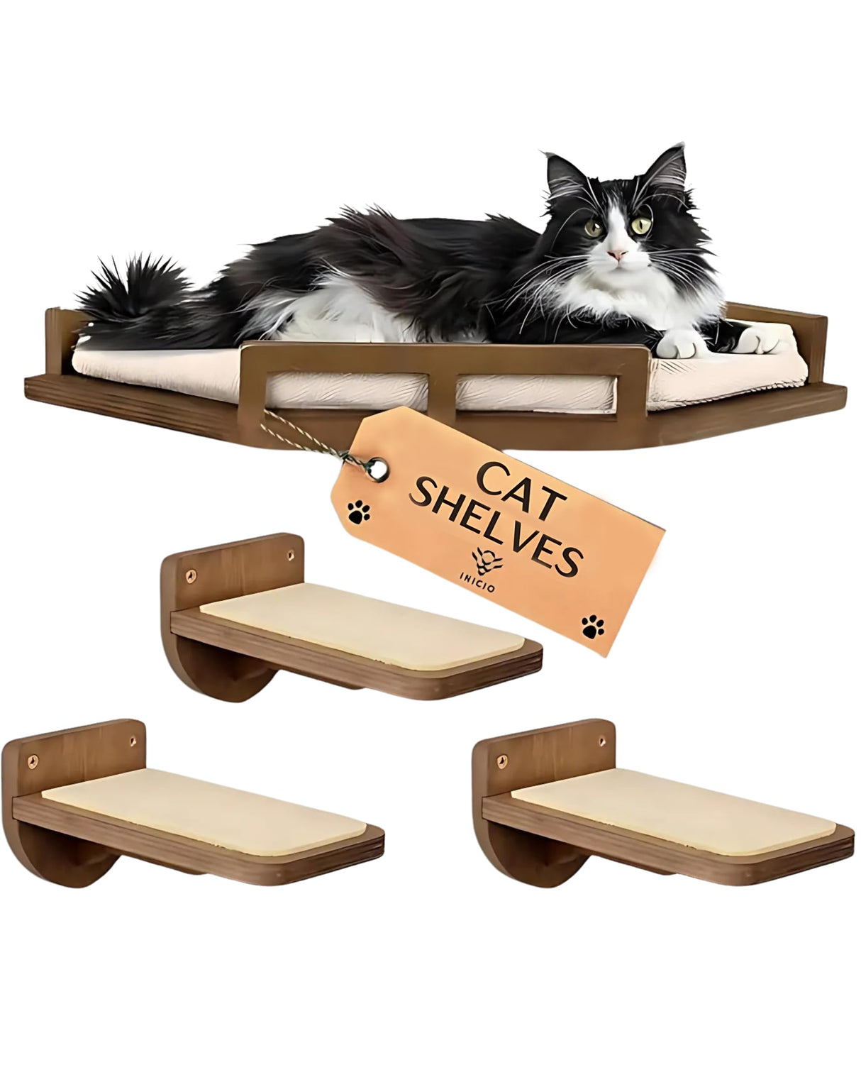 INICIO Cat Wall Shelves - Modern and Durable 3 Step Cat Furniture for Wall - Stylish Birch Floating Shelf for Cats up to 17lbs - Wooden Corner Shelves with Cushioned Perch - Brown INICIO