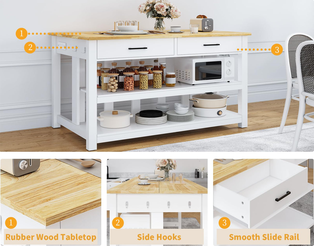 47.3" Solid Rubberwood Kitchen Island with Power Outlets - Extra Large Work Surface, 2 Drawers & Open Shelves Storage Cabinet for Kitchen Dining Room, Farmhouse Style (White) DynJest