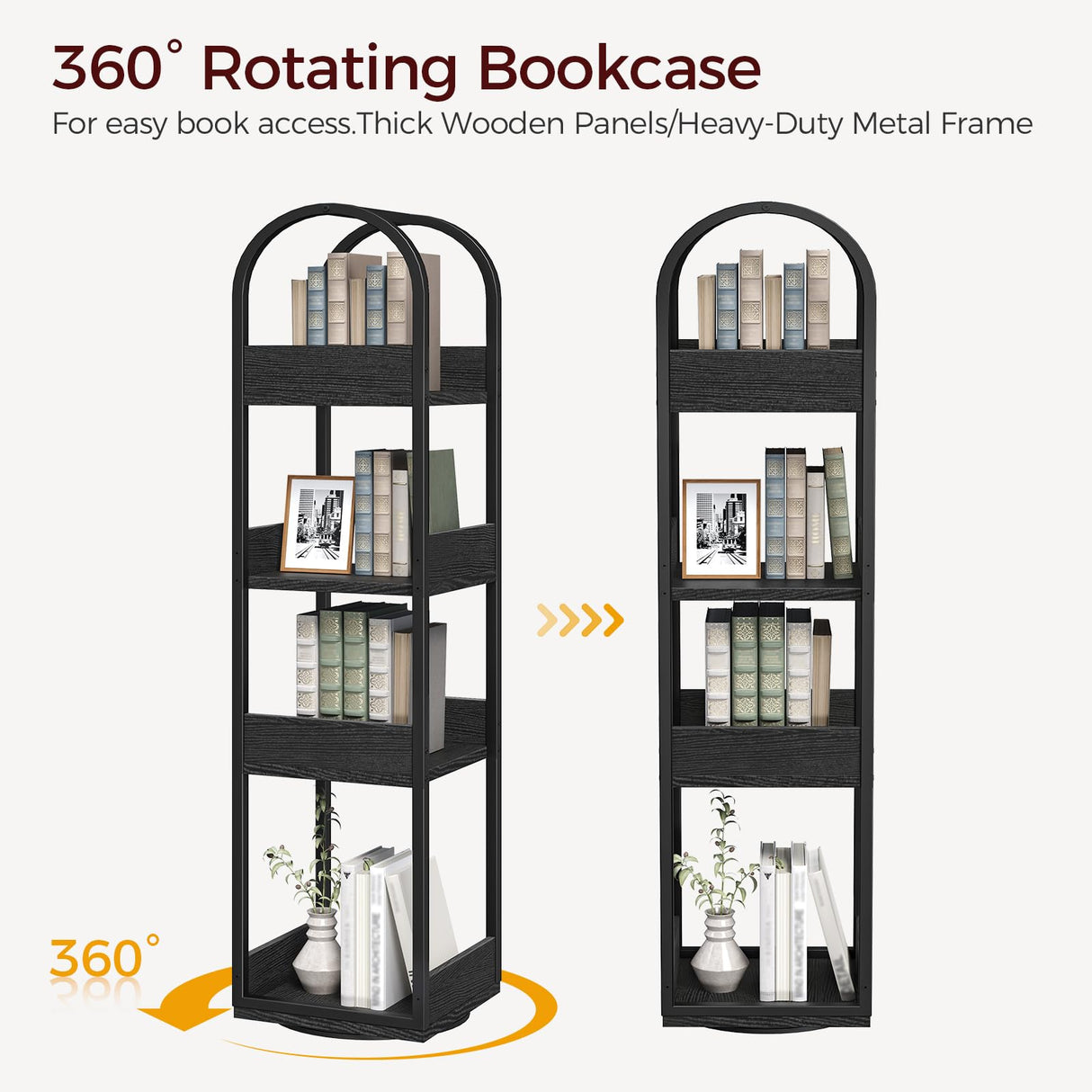 MAHANCRIS 4-Tier Bookshelf, Rotating Bookcase, 360° Spinning Book Shelf, Rotate Corner Book Shelve, Storage Rack, for Study, Home Office, Black BKBK3401 MAHANCRIS