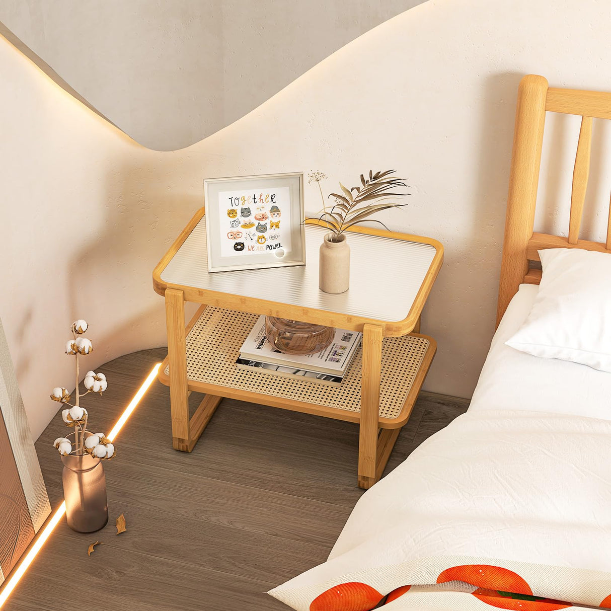 GOFLAME Bamboo Side Table with Glass Top, 2-Tier End Table with PE Rattan Storage Shelf, Home Sofa Side Table, Nightstand Bedside Table, Compact Coffee Table, Accent Table for Bedroom Living Room GOFLAME