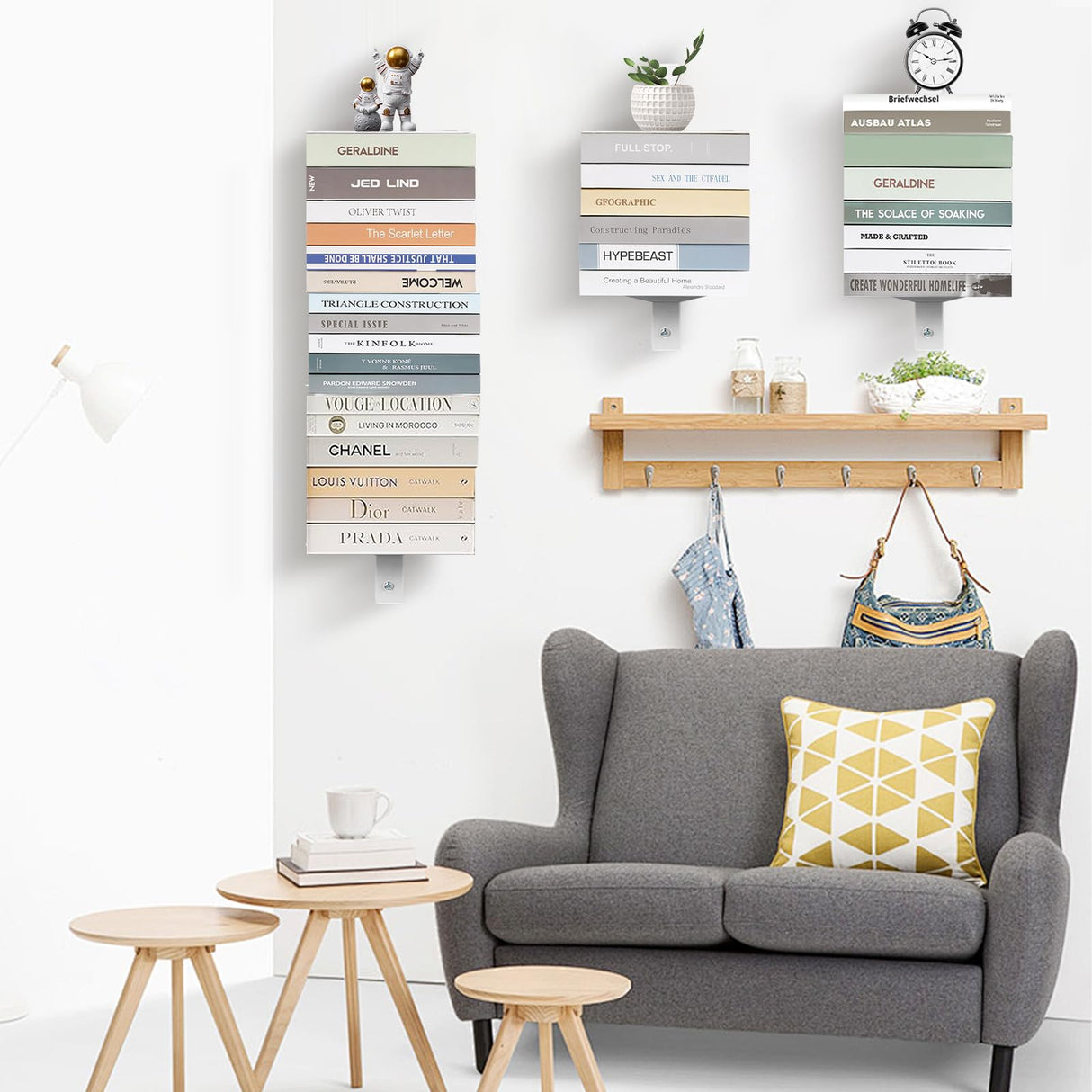 Atsgke Vertical Book Shelf Wall Mount 2 Pack - 4 Tier Invisible Spine Organizer, Heavy-Duty Metal Floating Shelves for Space Saving Modern Home Office Decor, White Atsgke