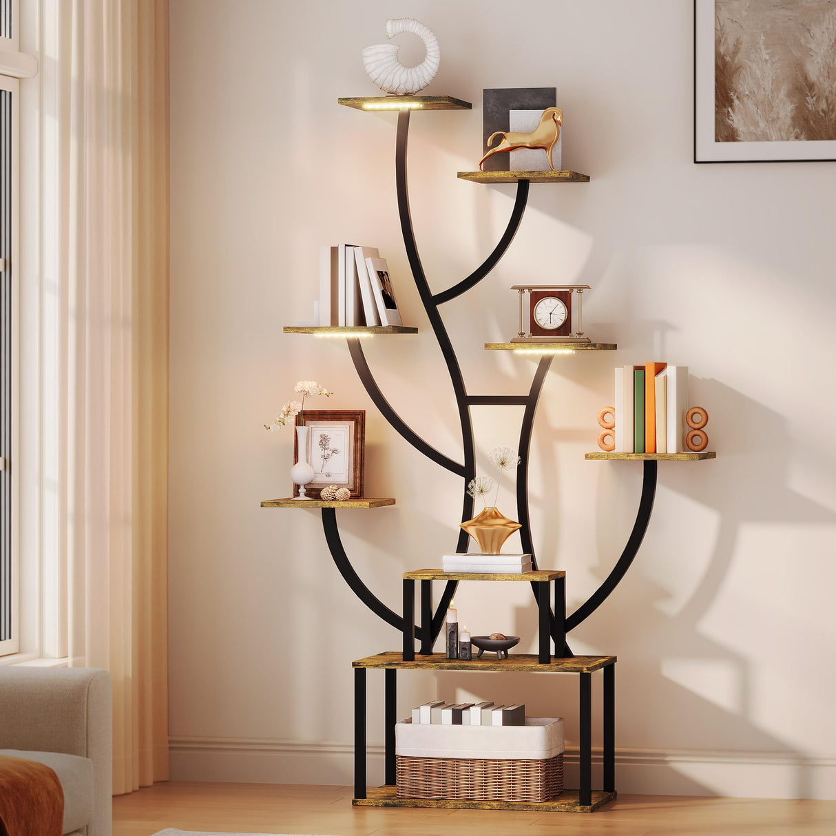 YITAHOME Tall Bookshelf with LED Light, Artistically Designed Tree Bookshelf 8-Tier Shelves, S Shaped Unique Bookshelves Corner Display Shelf for Home Office, Bedroom YITAHOME