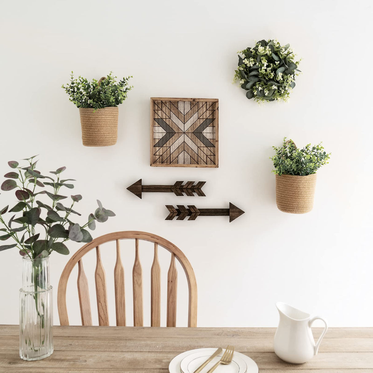 Dahey 2 Pack Wall Hanging Rope Basket with Artificial Eucalyptus Farmhouse Decor, Jute Woven Storage Organizer Flower Plants Basket Set Rustic Wall Decor for Porch Living Room Bedroom Entryway,Brown Dahey