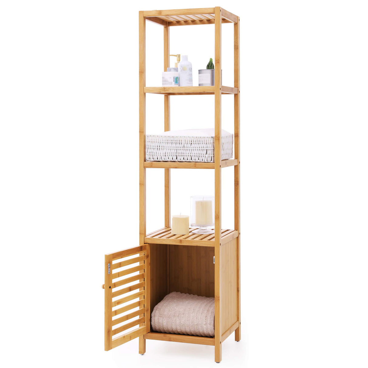 SONGMICS Bamboo Bathroom Storage Floor Cabinet, 4 Tiers Multifunctional Floor Shelving Unit, Free Standing Tower Corner Rack, Natural UBCB50Y SONGMICS