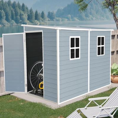 KUIKUI 8x4ft Shed with Floor Included, Outdoor Storage Plastic Resin Lean to Shed with 2 Windows and Lockable Door, Backyard Storage Sheds for Garden Tools, Bike, Grey