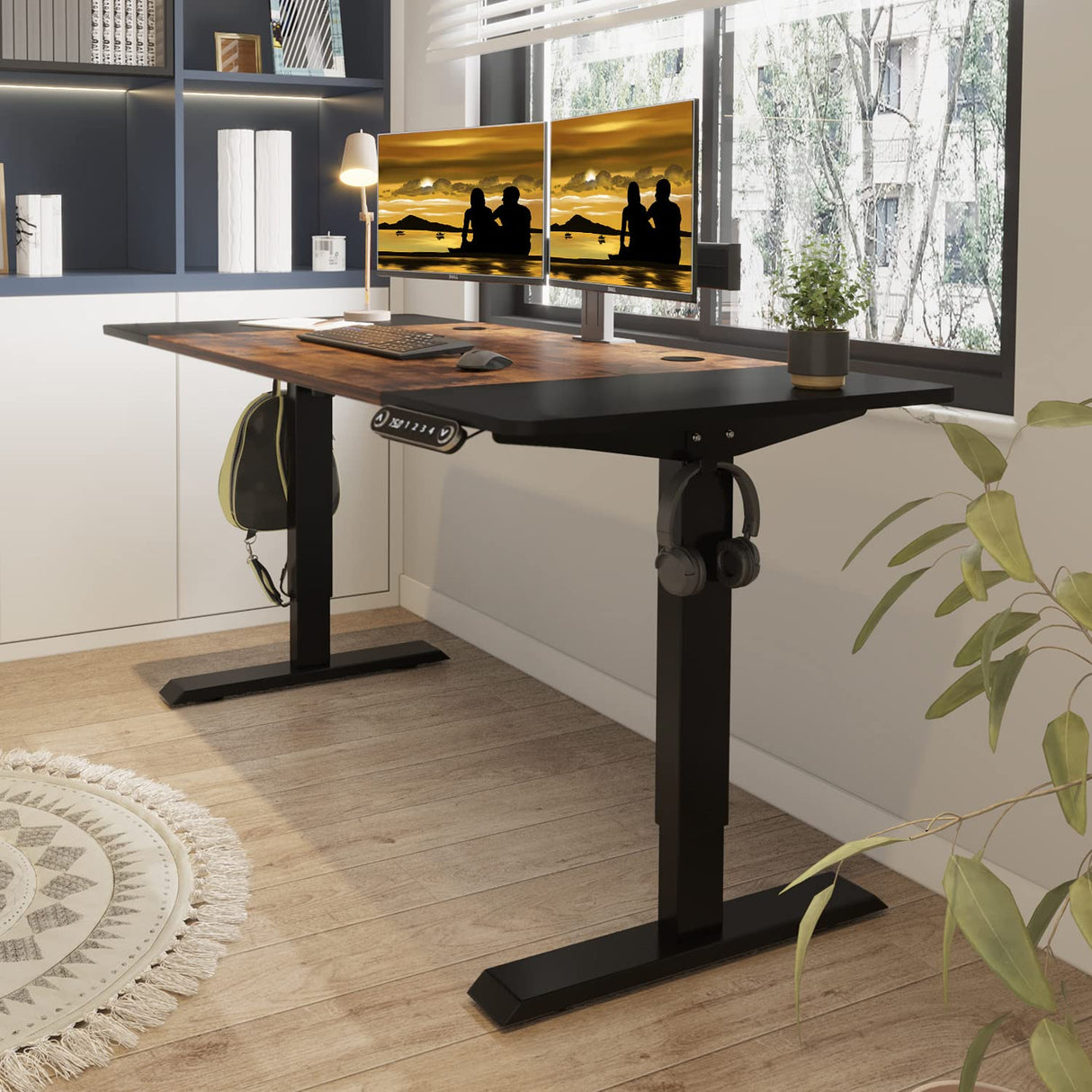 Jceet Adjustable Height Electric Standing Desk - 63 x 30 Inch Sit Stand Computer Desk with Splice Board, Stand Up Desk Table for Home Office, Black Frame/Black and Rustic Brown Top Jceet