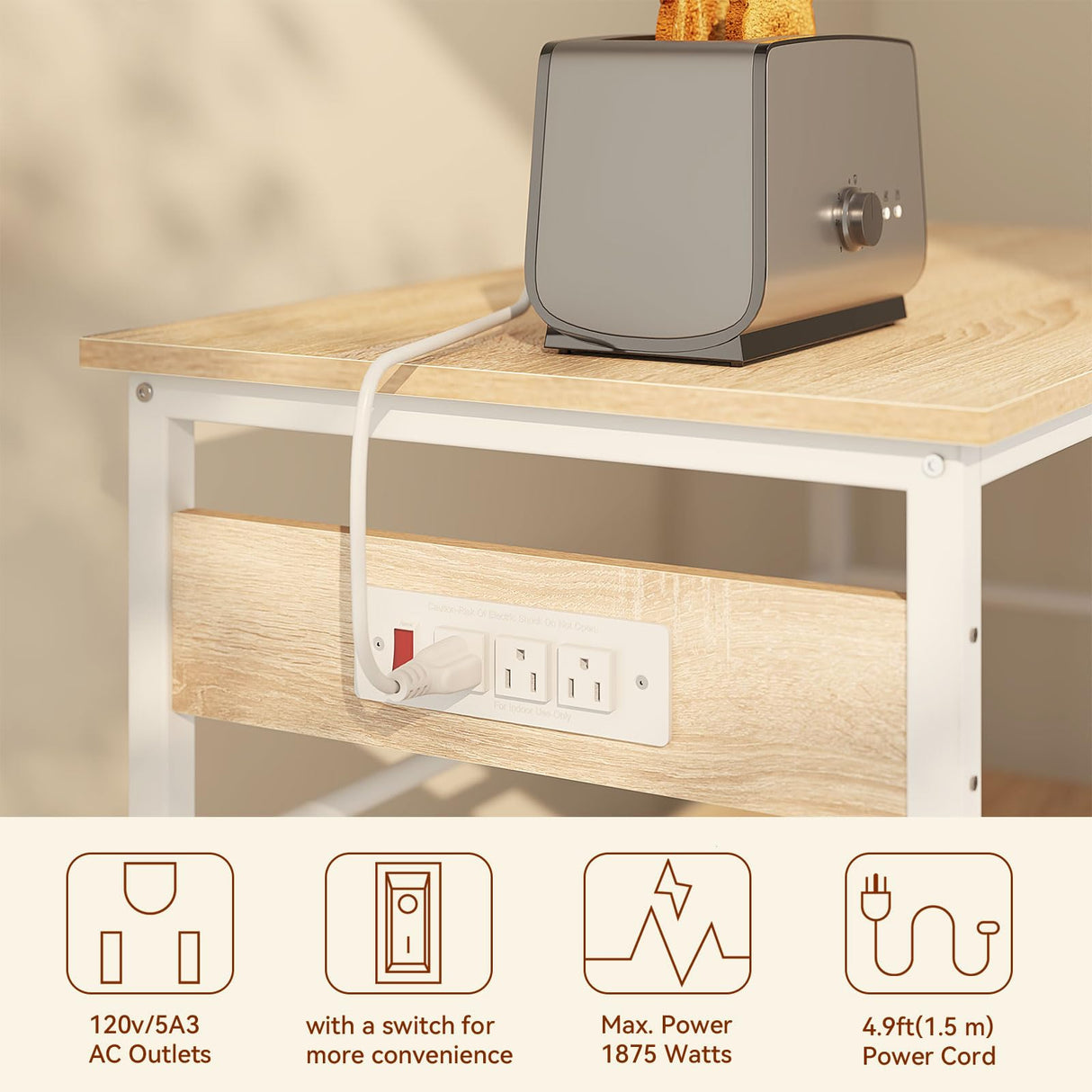 IBUYKE Kitchen Island with Storage, Bakers Rack with Power Outlet,Microwave Stand with Large Worktop,Rolling Bar Cart for Home, Outdoor, Kitchen,Light Wood TMJ029R IBUYKE