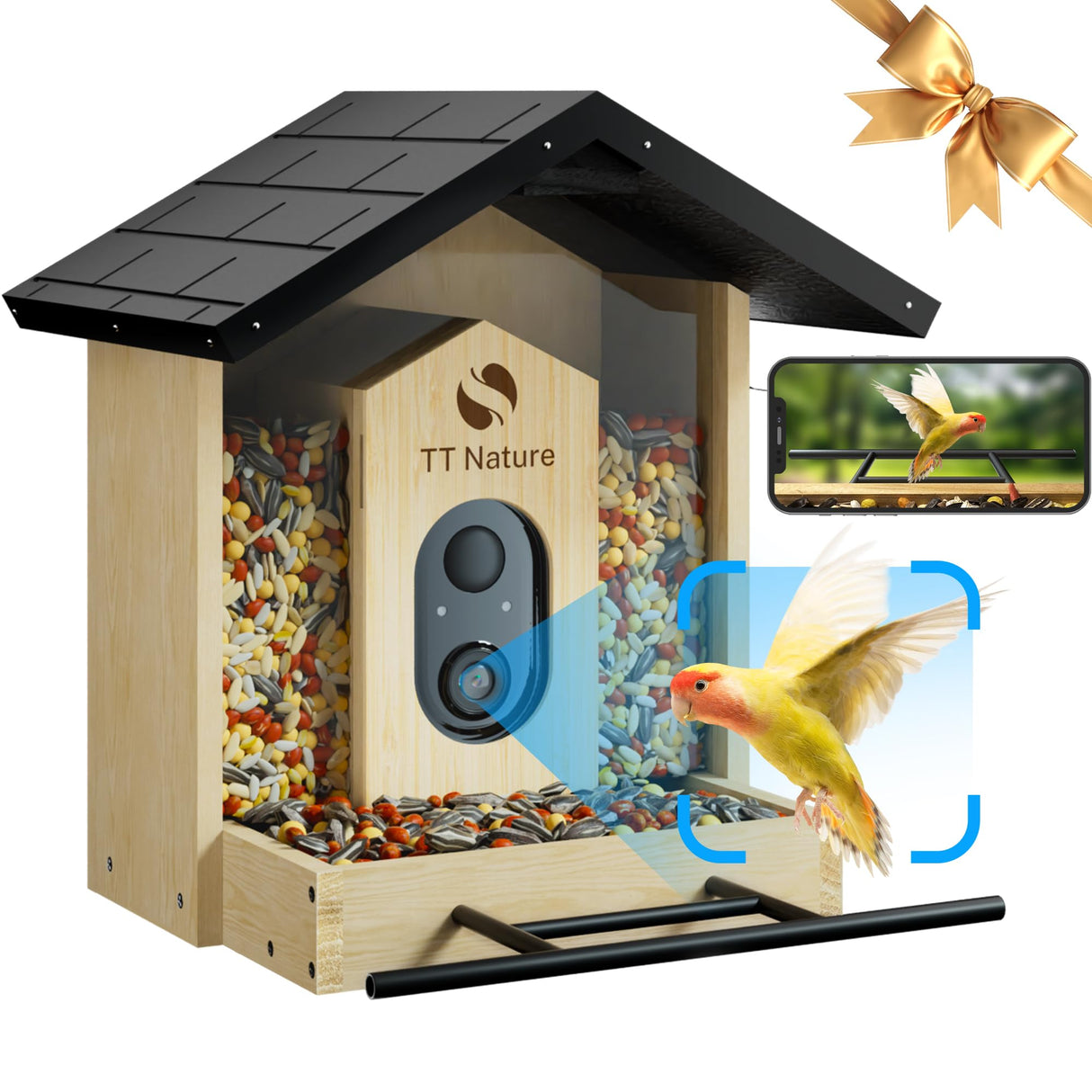 TT Nature Bird Feeder with Camera, Upgraded 1.5L Smart Bird Feeder with AI Identify for 10000 Plus Bird Species, Auto Capture Bird & Real-time Notifications, Ideal Gift for Bird Lovers (Iron Roof) TT Nature