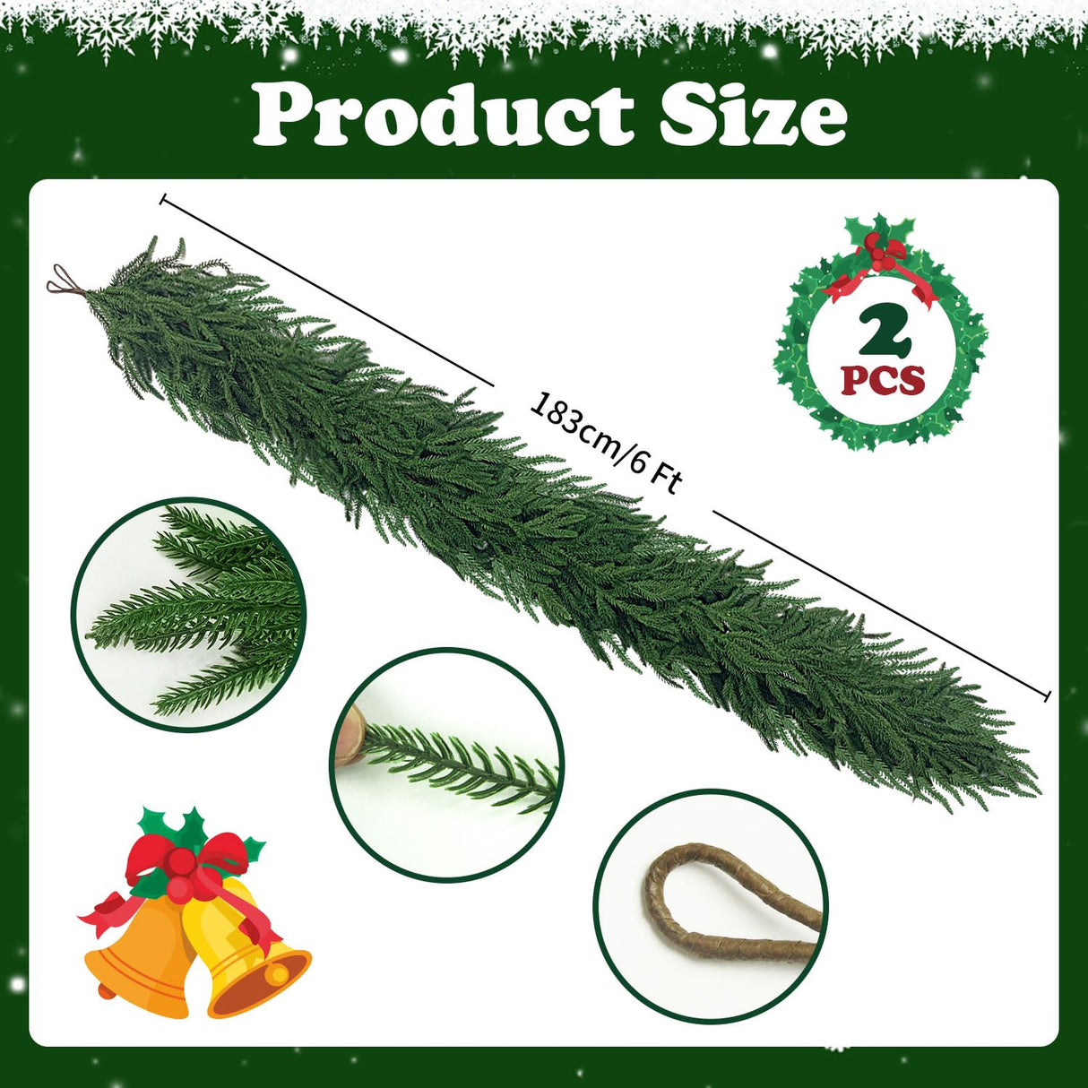 6 Ft 2 Pcs Artificial Norfolk Pine Garland, Real Touch Green Faux Greenery Garland for Christmas Table, Mantle, Wall, Fireplace, Indoor Outdoor Holiday Decor IPOOLTENG