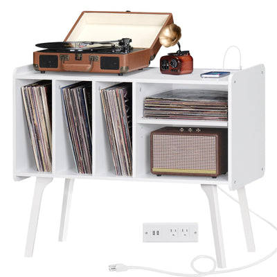 Lerliuo Record Player Stand with Charging Station Holds Up to 220 Albums, Large Turntable Stand with 4 Cabinet, Mid-Century Record Player Table,White Vinyl Holder Storage Shelf for Bedroom Living Room