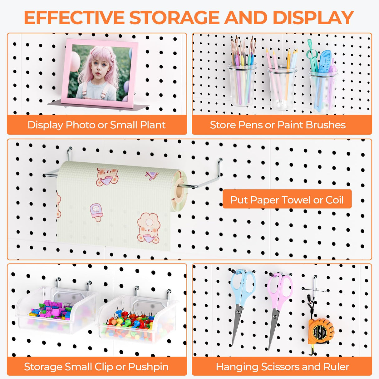 INCLY 70PCS Metal Peg Board Kit with 1/4" Pegboard Accessories, 4 Pack White Pegboard Panels, Bins, Cups and Peg Board Hooks, Paper Towel Holder, Pegboard Wall Organizer for Craft Room, Office, Sewing INCLY