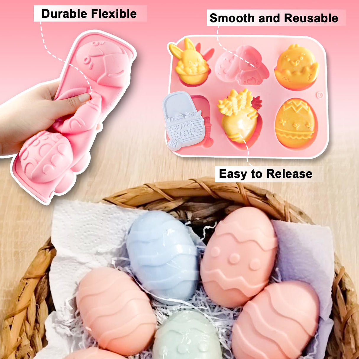 EDSRRDRUS Pink Soap Making Kit for Adults - 2lbs Glycerin Melt & Pour Soap Base, Essential Oils, Dyes, Easter Bunny Egg Flower Molds & Complete Soap Making Supplies EDSRDRUS