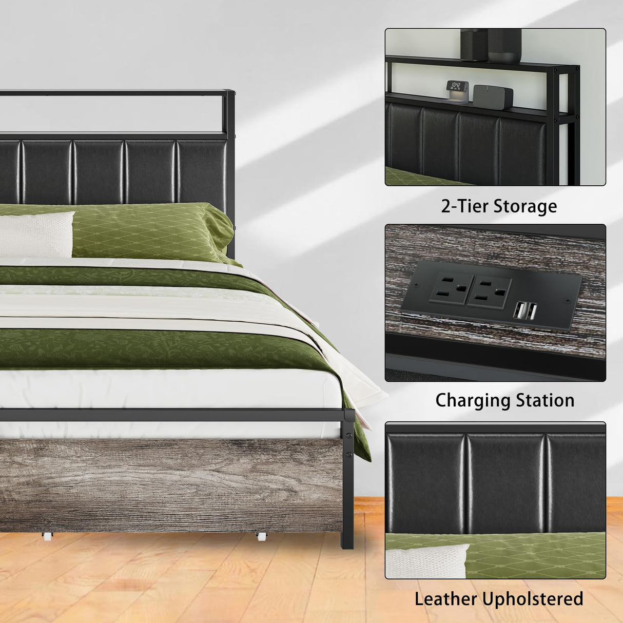 AMERLIFE Rustic Grey LED King Bed Frame with Storage Drawers & Charging Station Headboard AMERLIFE