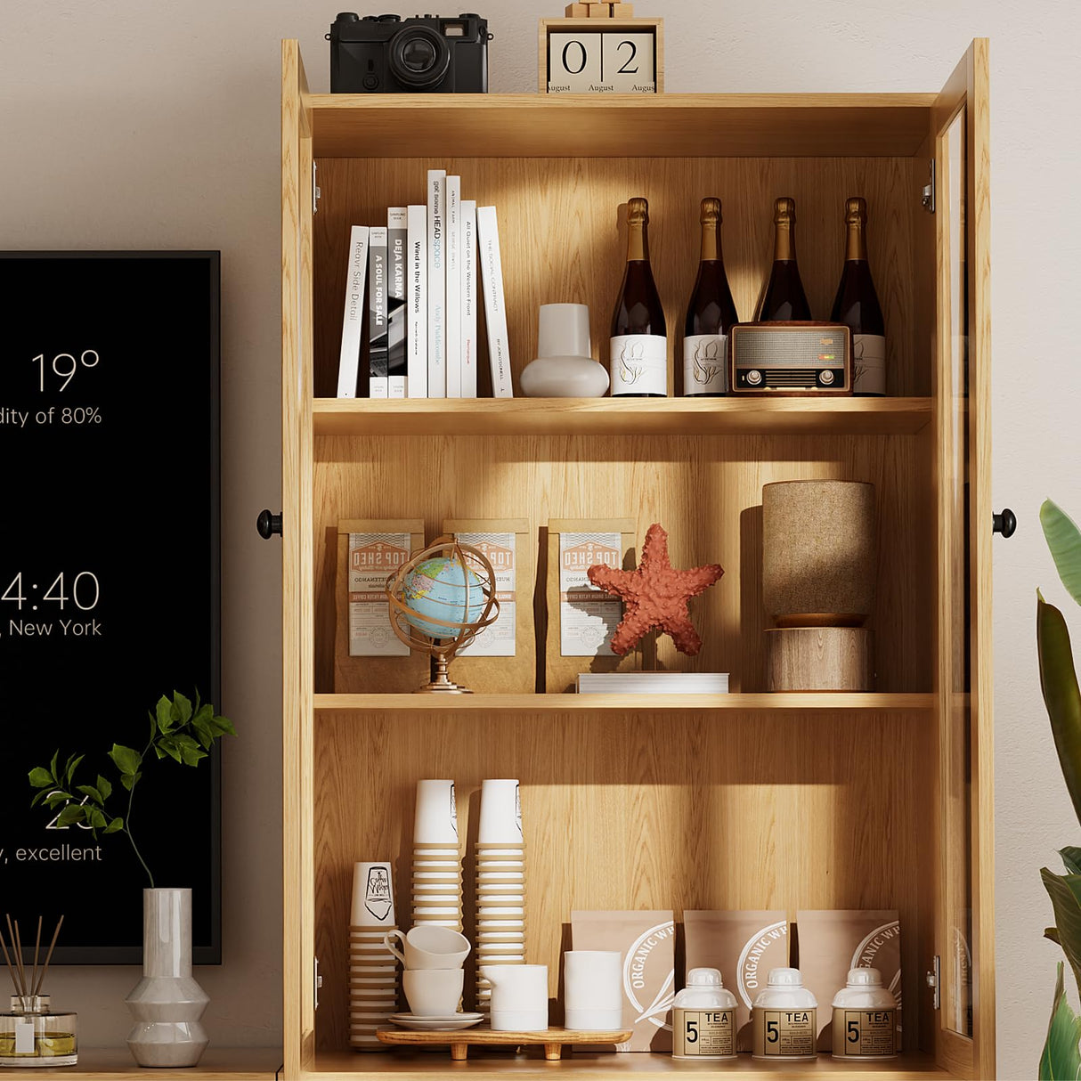 TUSY 4-Piece Large TV Stand with Bookshelves for TVs up to 75", TV Entertainment Center Media Center with Tempered Glass Doors and Shelves, TV Hutch for Living Room (Wood) TUSY