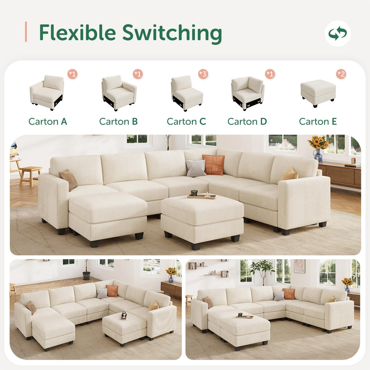 HONBAY Corduroy Sectional Couch with Storage U Shaped Sectional Sofa Modular Sectional Couches for Living Room, Beige HONBAY