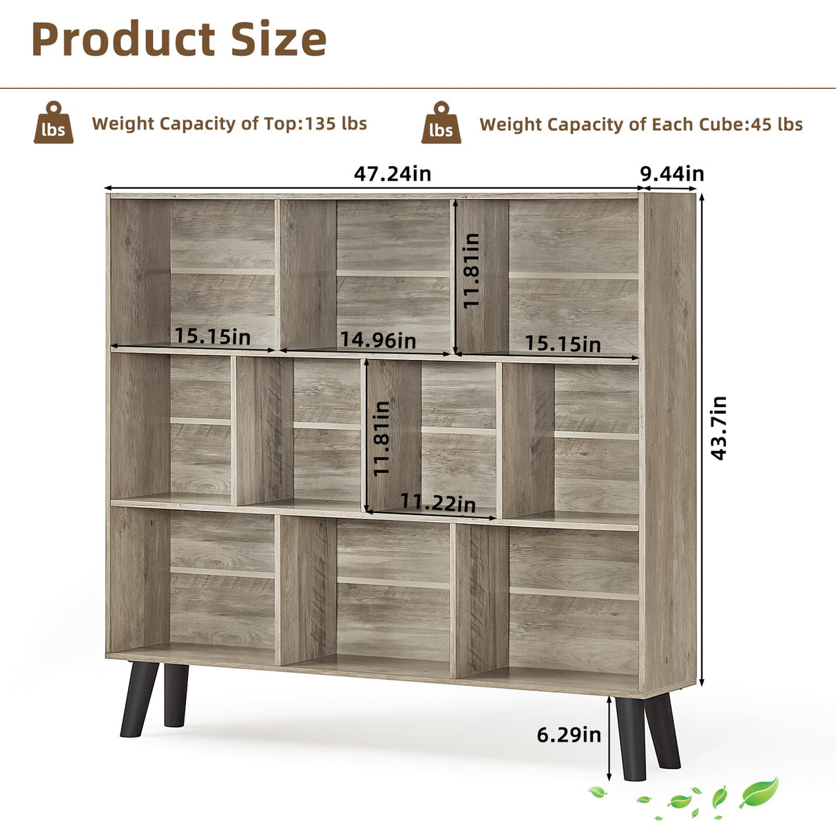 LEYAOYAO 10 Cube Bookshelf,3 Tier Modern Wide Bookcase with Legs,Mid-Century Wood Bookshelves Storage,Retro Grey Large Book Case,Freestanding Organizer Display Shelf for Bedroom,Living Room,Office LEYAOYAO