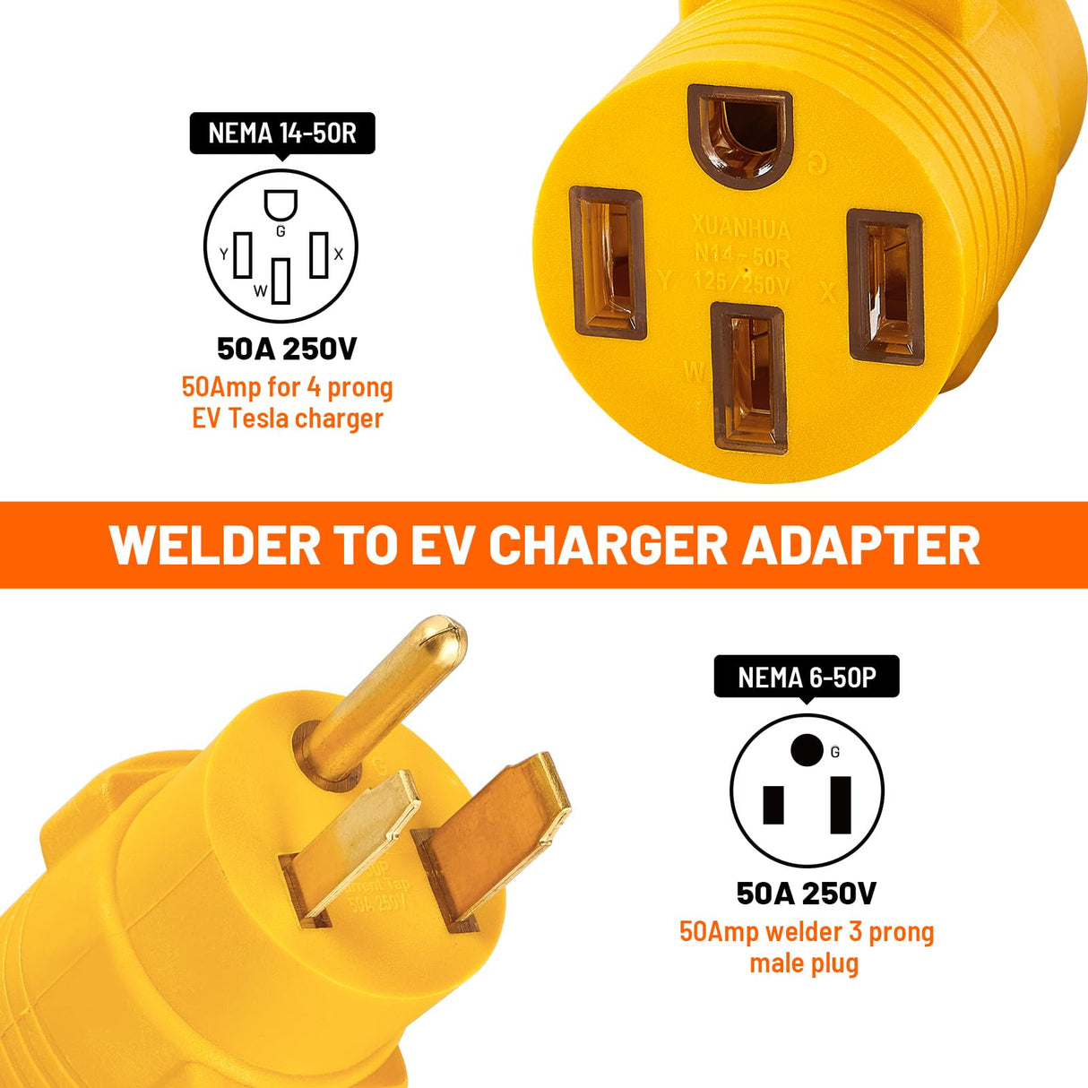 MECMO NEMA 6-50P to 14-50R EV Tesla Charger Adapter Cord, 240V 50 Amp 3 Prong Welder Plug to 4 Prong EV Charging Connector, Welder Welding Dryer EV Charger Power Cord Adapter Adaptor Connector MECMO