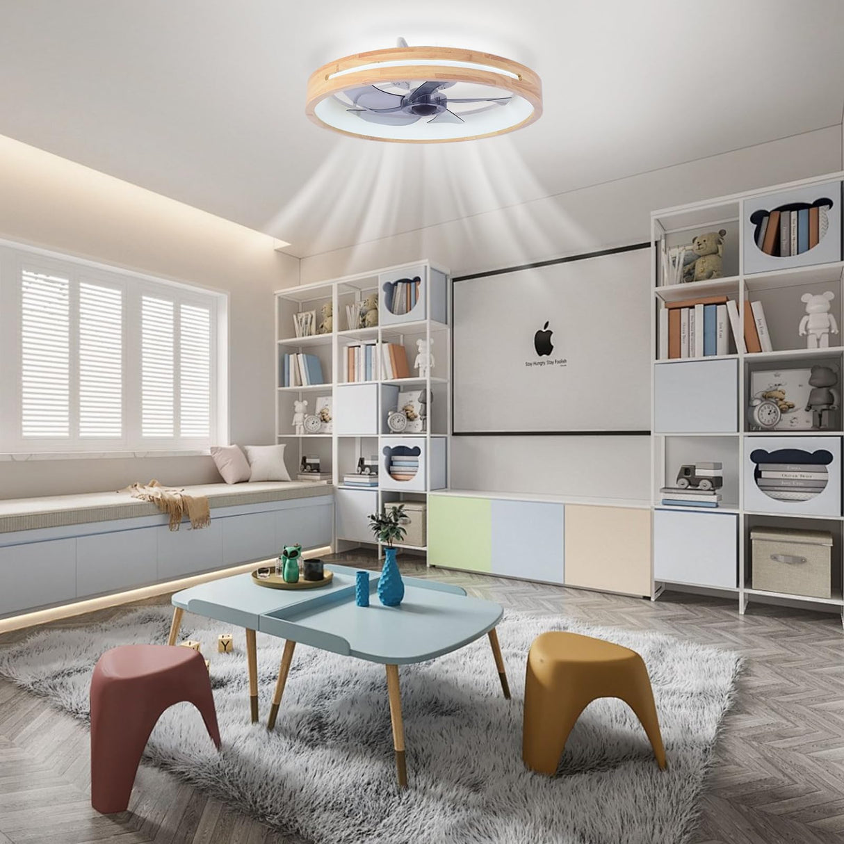 HUOGME Modern Low Profile Ceiling Fans with Lights and Remote, 20" Wooden Flush Mount Reversible Bladeless Ceiling Fans with Light,3000K-6000K Dimmable LED Timing and 6 Wind Speeds HUOGME