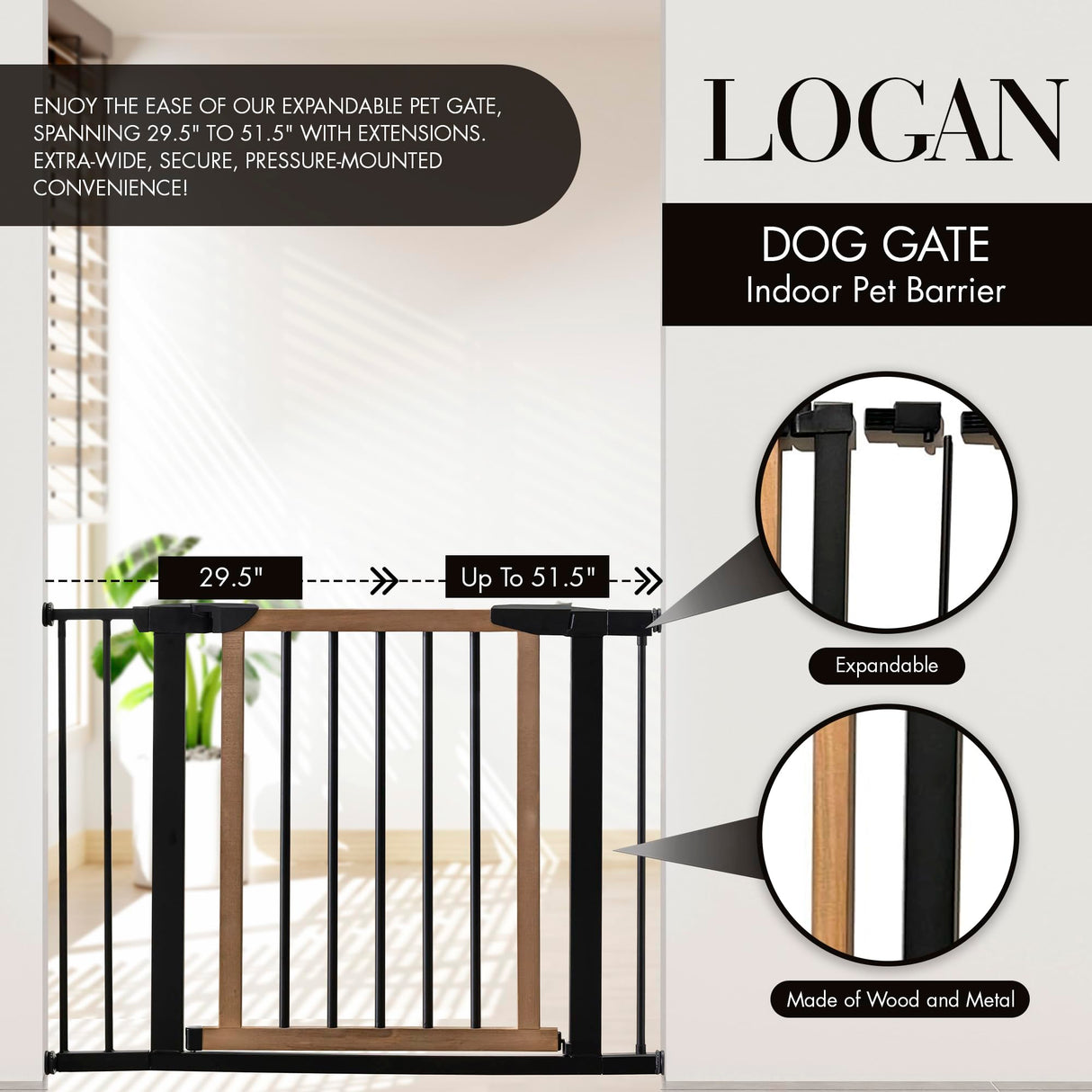 NMN Designs Logan Dog Gate - Indoor Pet Barrier and Wooden Dog Gate with Walk Through Swinging Door - Pressure Mounted for Walls and Stairs - Puppy Gates for The House - Expandable 29.5" to 51.5" NMN Designs