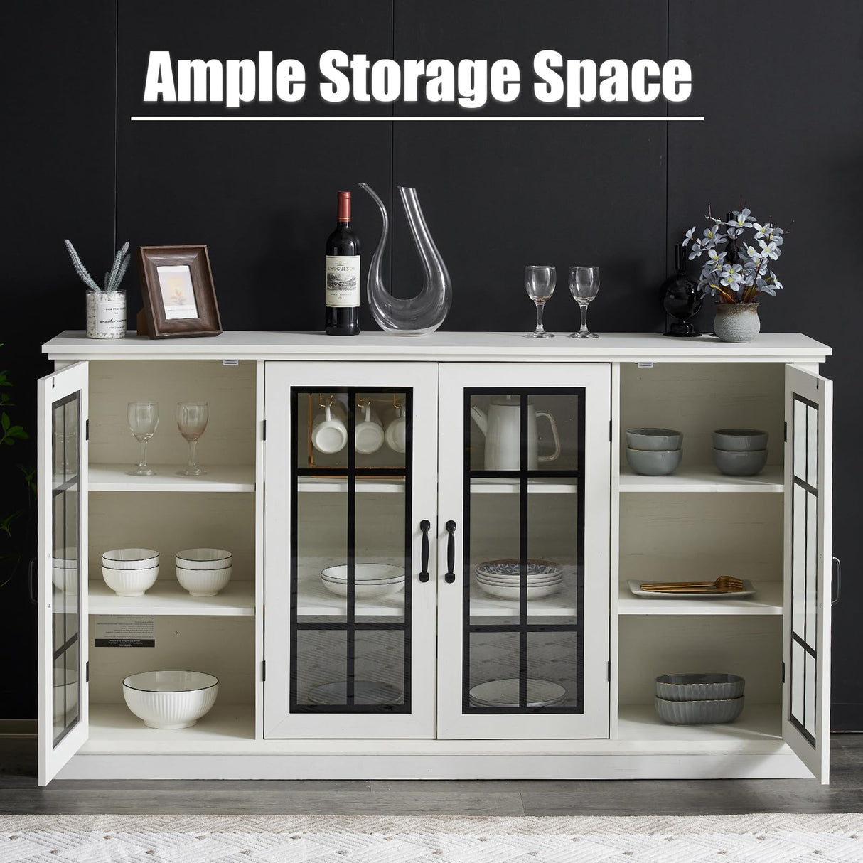 AMERLIFE 63" Sideboard, 6 Adjustable Shelves Sideboard Buffet Cabinet with 4 Doors, Accent Storage Credenzas for Dining Room, Living Room, Distressed White AMERLIFE