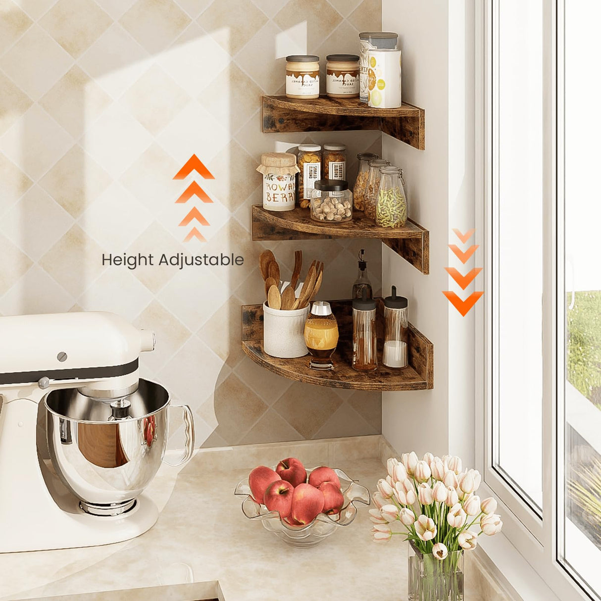 Homode Corner Shelf Wall Mount, Set of 3 Floating Corner Shelves with Cord Hole, 3 Tier Wood Wall Display Shelf, Storage for Bathroom Living Room Kitchen Bedroom, Rustic Brown and Black Homode