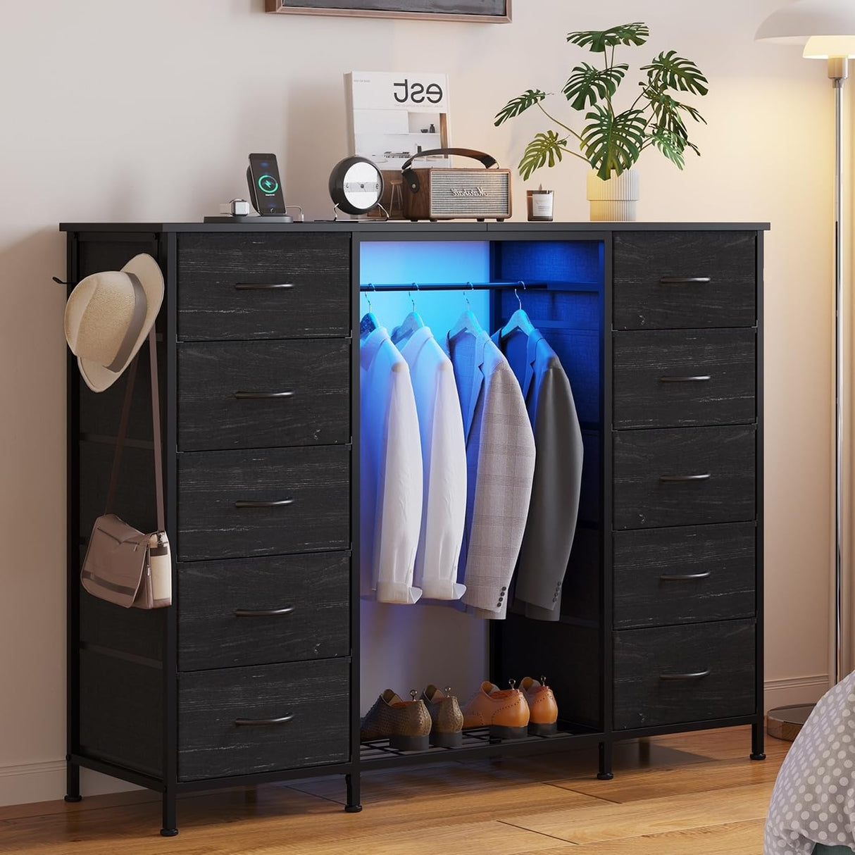 LUMTOK 55" W 2-in-1 Dresser with Hanging Rack, 10 Drawers Dresser for Bedroom,Dressers with Fabric Drawers,LED Lights, Charging Station and Hanging Racks for Bedroom LUMTOK