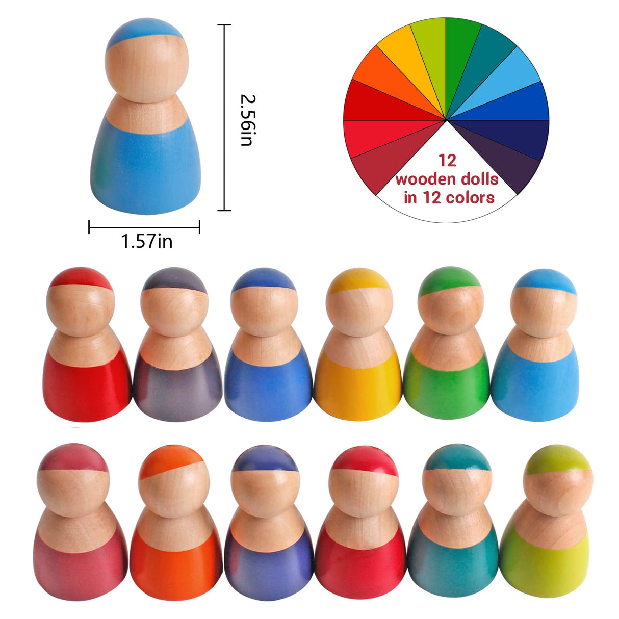 SHIERDU 12 PCS Rainbow Wood Peg Dolls Wooden Pretend Play People Figures for Toddlers Preschool Learning Educational Toys Wooden Toddler Toys for Boys Girls SHIERDU