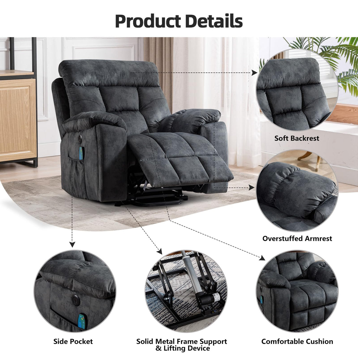 CANMOV Large Power Lift Recliner Chair with Massage and Heat for Elderly Big and Tall People, Overstuffed Wide Recliners with 2 Cup Holders, Side Pocket and USB Port, Grey CANMOV