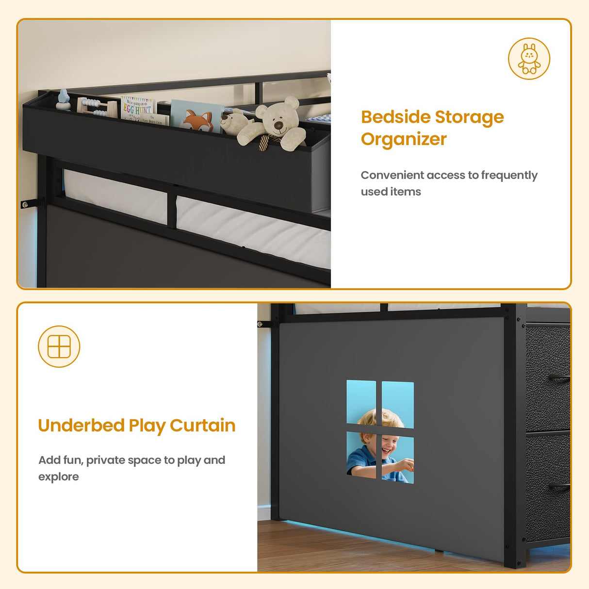 ADORNEVE Low Loft Bed Twin Size with 7 Storage Drawers, Bookcase and LED Lights, Metal Kids Loft Bed with 14" H Safety Guardrail,Inclined Ladder and Play Curtain, Under-Bed Play Space, Black ADORNEVE