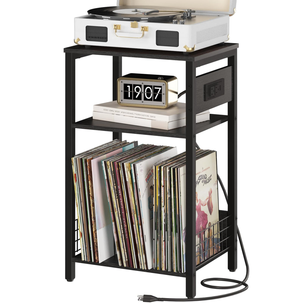 Yoobure Record Player Stand, 3-Tier End Table with Charging Station, Small Side Table for Living Room Bedroom, Nightstand for Vinyl Storage, Tall Beside Tables Turntable Stand for Album CD Yoobure