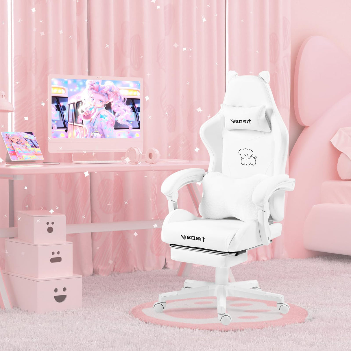 Vigosit Cute Gaming Chair with Lumbar Cushion and Decorated Ears, Ergonomic Computer Chair with Footrest, Reclining PC Game Chair for Girl, Teen, White Vigosit