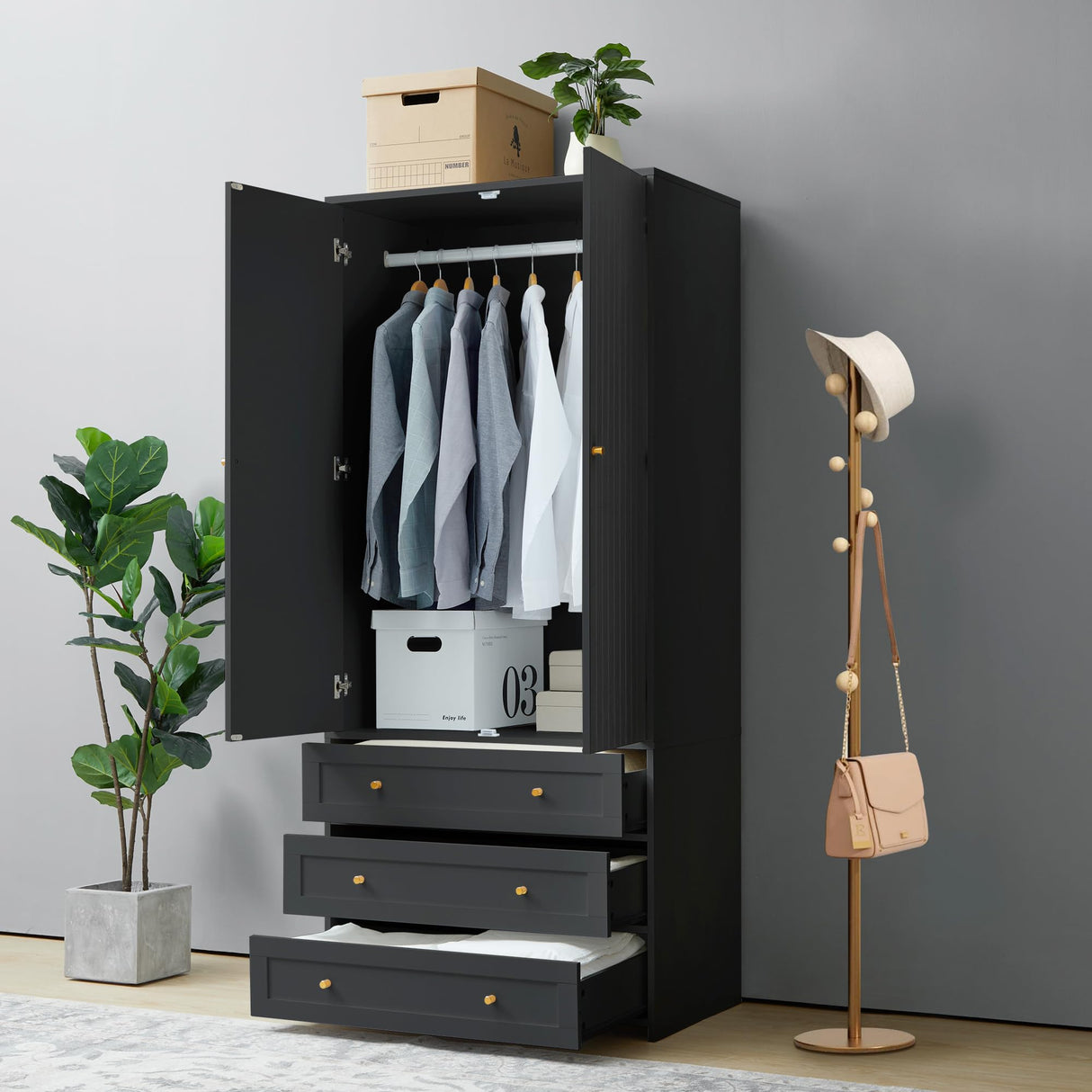 LEVNARY Wardrobe Armoire Closet, 2-Door Wardrobe Cabinet with 3-Drawer and Hanging Rod, Modern Bedroom Armoire Clothing Organizer Freestanding Closet (Black) LEVNARY