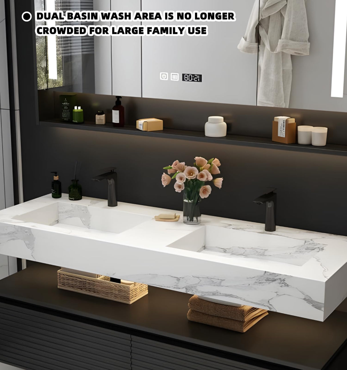 Double Sink Bathroom Vanity, Floating Bathroom Vanity with LED Smart Defogging Mirror and One-Piece Sink, Modern Bathroom Vanities with Open Floating Shelf, Rock Countertop & Faucet (Black,72") LUTHXAY