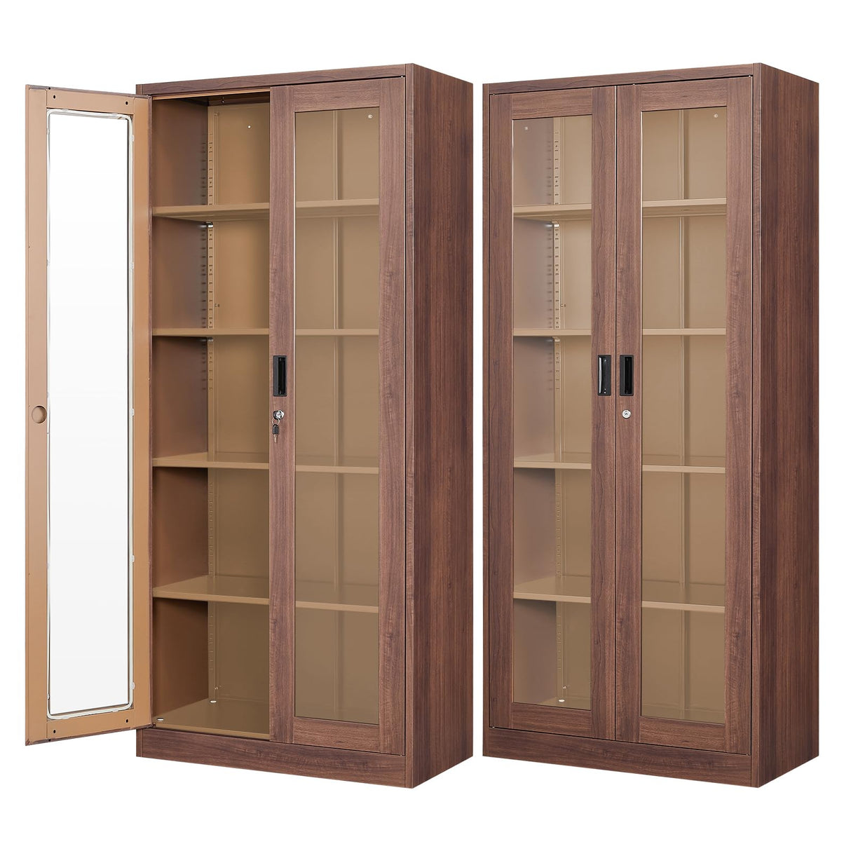 PEUKC Display Cabinet-71 Inches 4 Adjustable Shelves Curio Cabinets with Locking Glass Doors Display Case for Collectibles, Cosmetics, Hydroponics, Books (Wood Color,Assemble Required) PEUKC