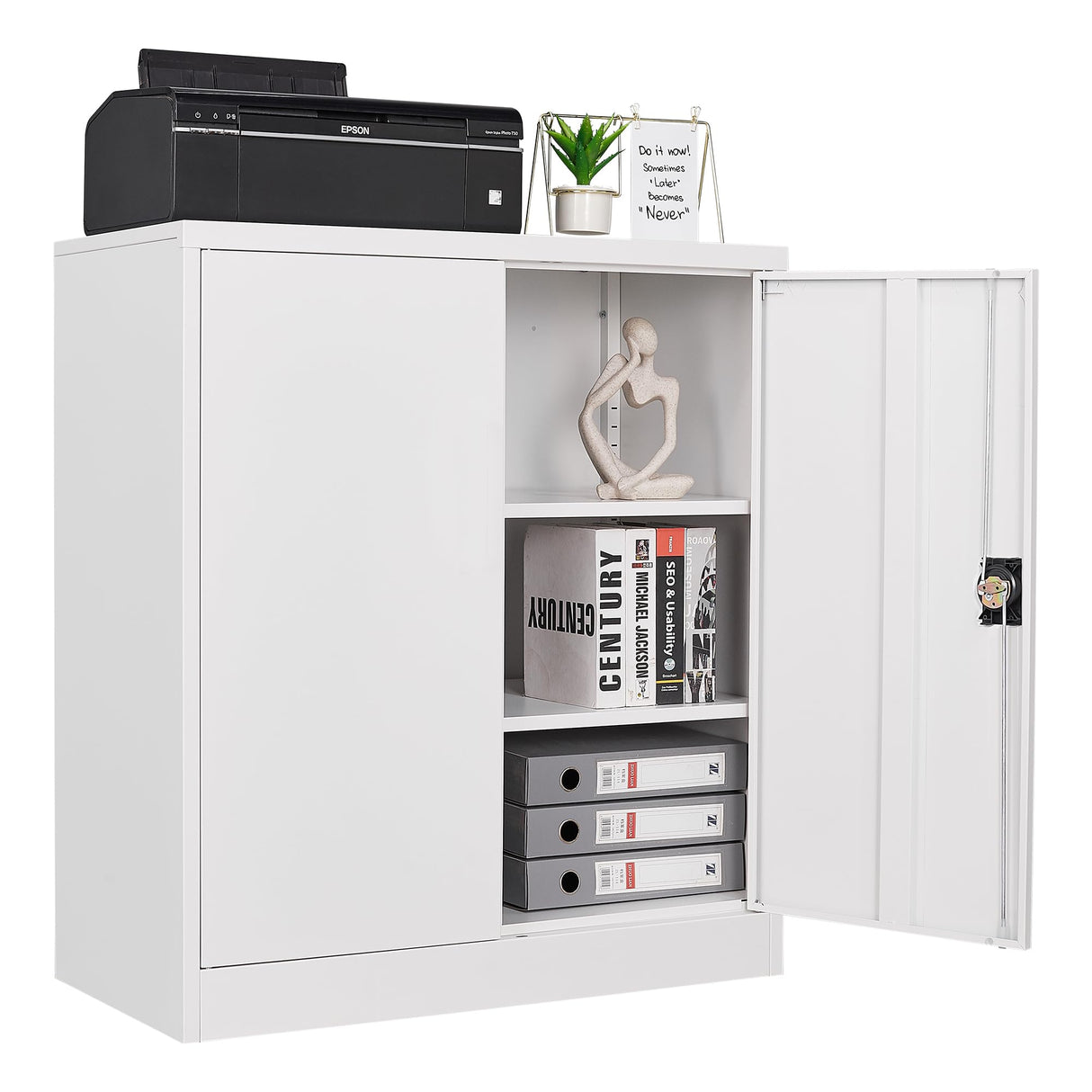 BYNSOE Metal Storage Cabinet Lockable Garage Storage File Cabinet with Doors Storage Cabinet with 2 Adjustable Shelves for Home Office Garage (White, 35 inch) BYNSOE