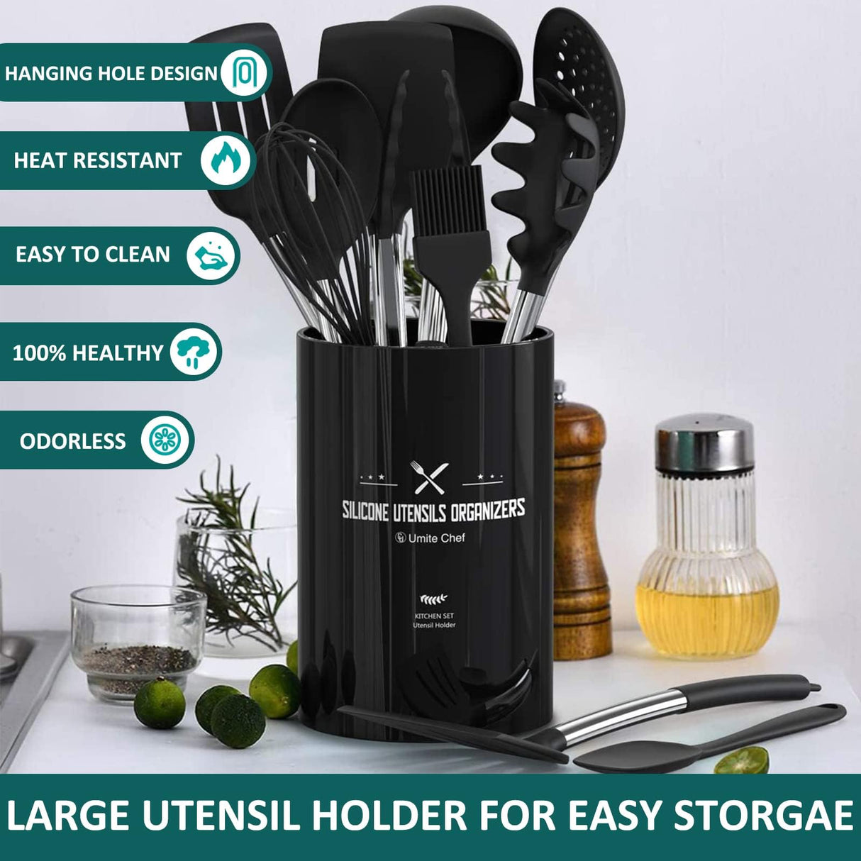 Silicone Cooking Utensil Set, Umite Chef 15pcs Silicone Cooking Kitchen Utensils Set, Non-stick - Best Kitchen Cookware with Stainless Steel Handle - Black Umite Chef