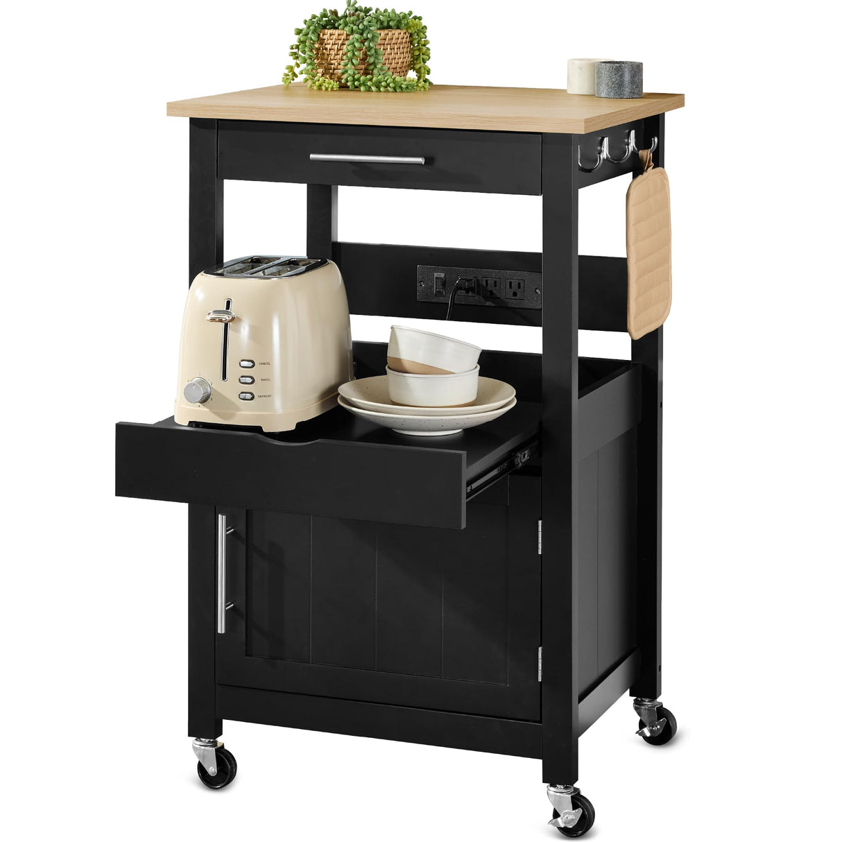 Best Choice Products Rolling Kitchen Island Cart, Single Door Cabinet w/Drawer, Sliding Tray, Hidden Outlet, Hooks, & Lockable Wheels - Onyx Black Best Choice Products