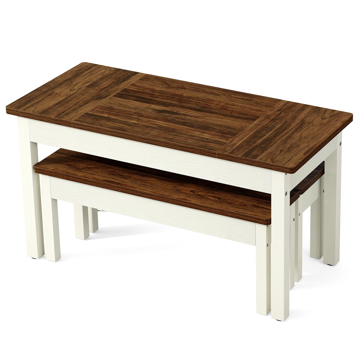 LITTLE TREE Dining Table Set for 4, Small Space Saving Farmhouse Kitchen Chairs, Compact 3-Piece Kitchen and Dining Room Furniture with 2 Wood Benches LITTLE TREE