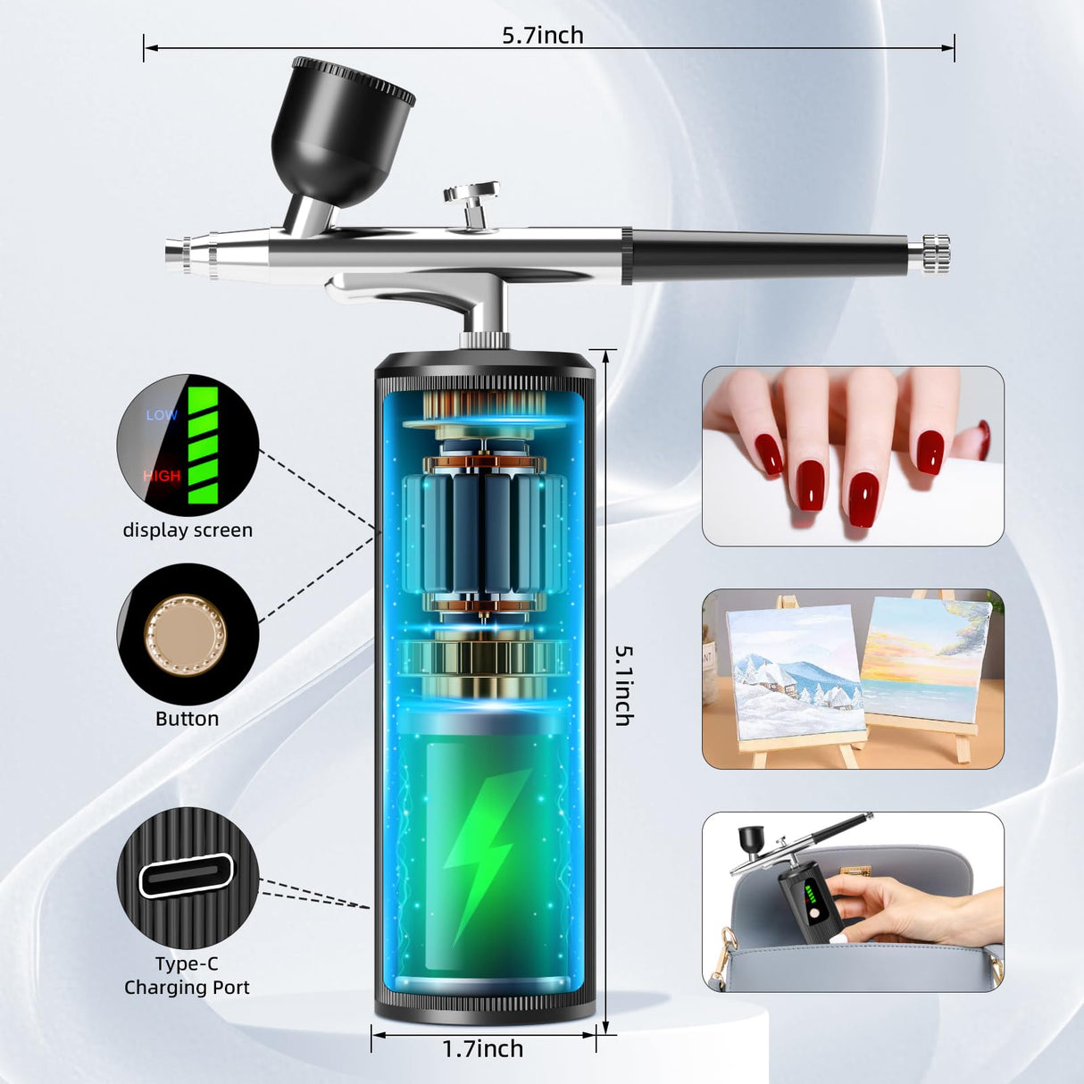 Airbrush Kit with Compressor - 48PSI High-Pressure, Non-Clogging Air Brush Set Cordless Rechargeable with 0.3mm Nozzle, Ideal for Painting, Modeling, Cake Decor, Pastry, Makeup, Nail Art (Black) Istarziberlla