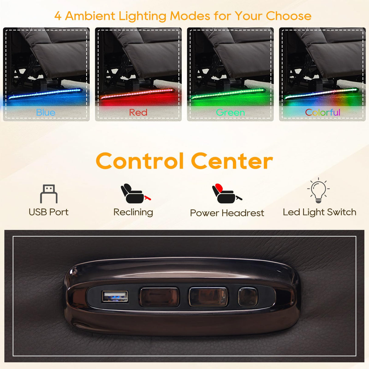 IPKIG Homer Theater Seating Recliner, Power Recliner Chair with Adjustable Powered Headrest, 4 Colors Ambient Lightings, Hidden Arm Storage, USB Port, Side Pockets and Cup Holders (1, Brown) IPKIG