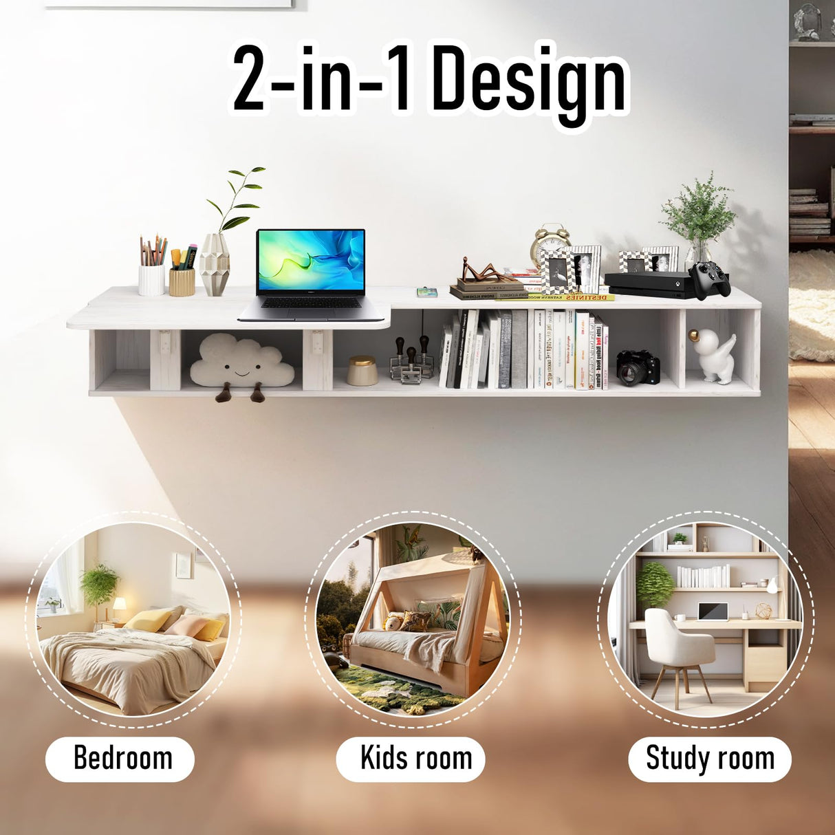 Pmnianhua 63'' Floating Desk with Storage Shelves,Wall Mounted Desk Laptop Computer Writing Study Table for Bedroom Small Space(White) Pmnianhua