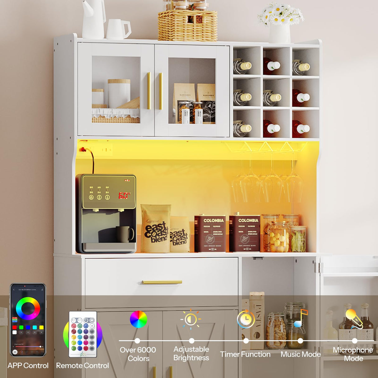 HOOBRO Pantry Cabinet with LED Lights and Charging Station, Kitchen Pantry Cabinet, 71" Tall Farmhouse Pantry with Microwave Shelf, Door Shelves, Wine Rack and Glass Holder, White WT10UDPC01 HOOBRO