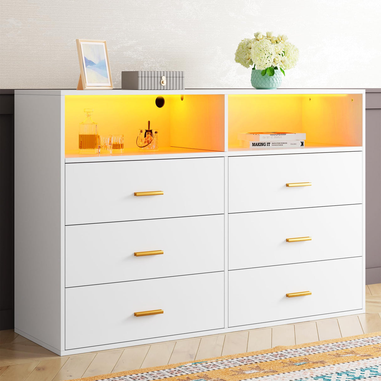 EnHomee Dresser, Dresser for Bedroom, White Dresser with LED, Wood Dressers & Chests of Drawers, 6 Drawers Dresser for Bedroom, Dresser Wood, Large Dressers Bedroom Furniture EnHomee