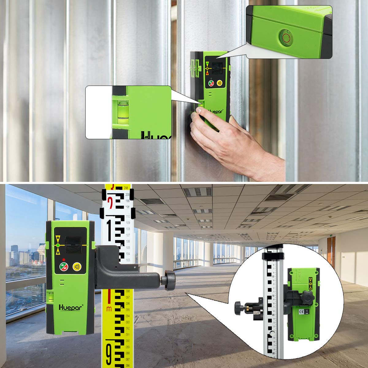 Huepar LR-6RG Laser Detector for Laser Level, Detect Green & Red Beams Digital Laser Receiver Compatible with Huepar Pulse Mode Line Laser Level Up to 200Ft, Three-Side LED Display, Clamp Included Huepar