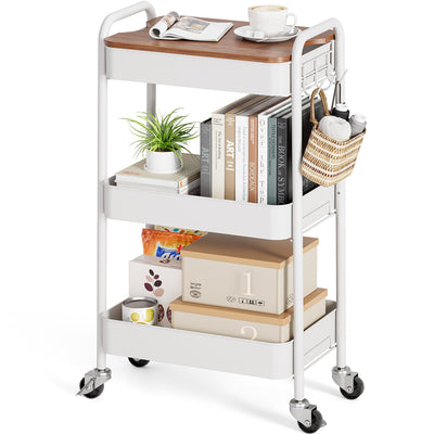 TOOLF 3-Tier Rolling Cart with Table Top, Metal Storage Cart on Wheels, Utility Organizer with Wooden Tray, Lockable Casters, Easy Assembly for Bathroom, Living Room, Office, Kitchen, White